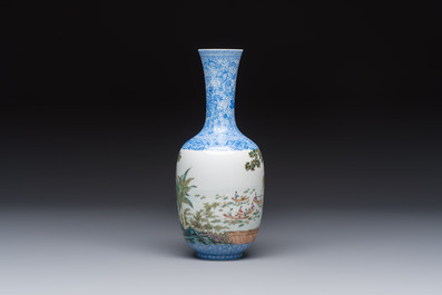 A Chinese famille rose 'Figures at a Lotus Pond' vase, Qianlong mark, 20th C.