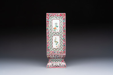 A fine Chinese famille rose reticulated square lantern with a stand, 19th C.