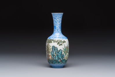 A Chinese famille rose 'Figures at a Lotus Pond' vase, Qianlong mark, 20th C.