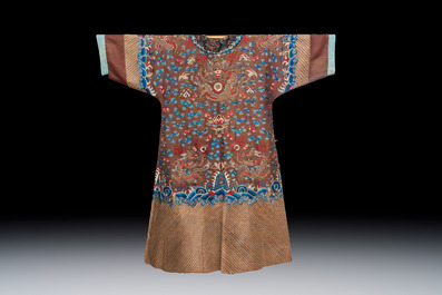 A Chinese brown-ground embroidered silk 'Dragon' robe, 'Ji Fu' 吉服, 19th C.