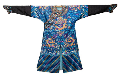 A Chinese blue-ground embroidered silk 'Dragon' robe, 'Ji Fu' 吉服, 19th C.