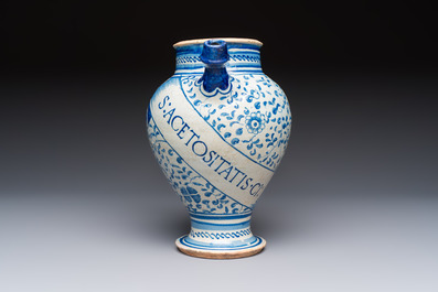 A blue and white Antwerp maiolica wet drug jar inscribed 'S ACETOSITATIS', 16th C.