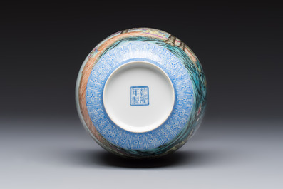 A Chinese famille rose 'Figures at a Lotus Pond' vase, Qianlong mark, 20th C.