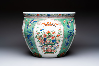 A large famille verte-style 'Flower Basket' scroll pot or fish bowl, Samson, Paris, 19th C.