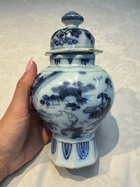 A blue and white Dutch Delft covered vase and two polychrome plates, 17/18th C.
