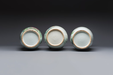 Three Chinese famille rose vases, signed Hu Yuanxin 胡源鑫, Luo Yisheng 羅義盛 and Wang Shengtai 汪生泰, 20th C.