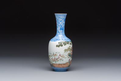 A Chinese famille rose 'Figures at a Lotus Pond' vase, Qianlong mark, 20th C.