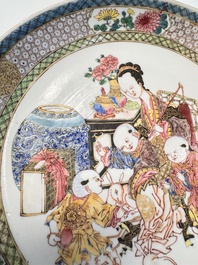 A fine Chinese famille rose eggshell plate with a lady and playing boys, Yongzheng