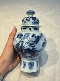 A blue and white Dutch Delft covered vase and two polychrome plates, 17/18th C.