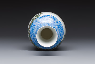 A Chinese famille rose 'Figures at a Lotus Pond' vase, Qianlong mark, 20th C.