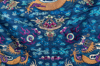 A Chinese blue-ground embroidered silk 'Dragon' robe, 'Ji Fu' 吉服, 19th C.