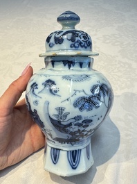 A blue and white Dutch Delft covered vase and two polychrome plates, 17/18th C.