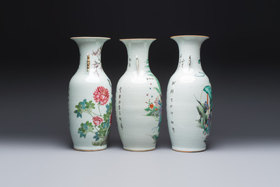 Three Chinese famille rose vases, signed Hu Yuanxin 胡源鑫, Luo Yisheng 羅義盛 and Wang Shengtai 汪生泰, 20th C.