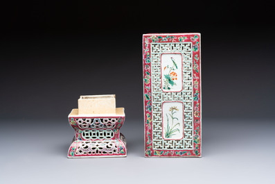 A fine Chinese famille rose reticulated square lantern with a stand, 19th C.