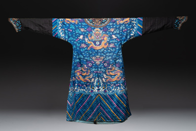A Chinese blue-ground embroidered silk 'Dragon' robe, 'Ji Fu' 吉服, 19th C.