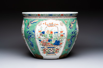 A large famille verte-style 'Flower Basket' scroll pot or fish bowl, Samson, Paris, 19th C.