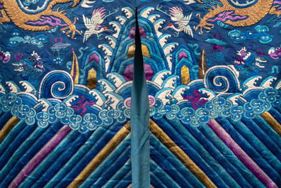 A Chinese blue-ground embroidered silk 'Dragon' robe, 'Ji Fu' 吉服, 19th C.