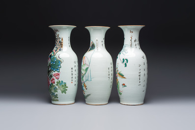Three Chinese famille rose vases, signed Hu Yuanxin 胡源鑫, Luo Yisheng 羅義盛 and Wang Shengtai 汪生泰, 20th C.