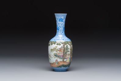 A Chinese famille rose 'Figures at a Lotus Pond' vase, Qianlong mark, 20th C.