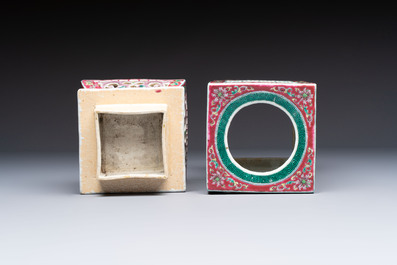 A fine Chinese famille rose reticulated square lantern with a stand, 19th C.