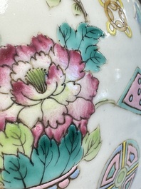 A pair of Chinese famille rose 'Antiquities' covered vases and a dish, 19th C.