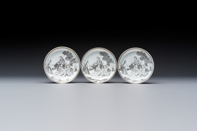 Four Chinese grisaille 'Western subject' cups and nine saucers, Qianlong