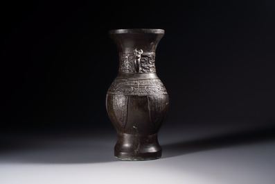 A Chinese archaistic bronze vase, 'Hu 壺', Ming