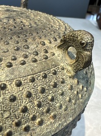 A Chinese archaic bronze food vessel and cover with 'Leiwen' and bosses design, 'Dou 豆', Eastern Zhou