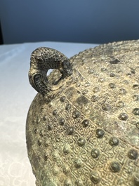 A Chinese archaic bronze food vessel and cover with 'Leiwen' and bosses design, 'Dou 豆', Eastern Zhou