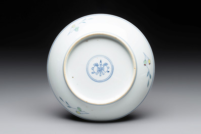 A Chinese doucai 'sanduo' plate, ingot, brush and ruyi mark, Yongzheng