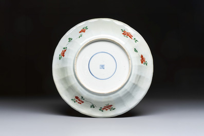 A large Chinese famille verte 'Pavilion with Birds among Flowering Branches' dish, Kangxi