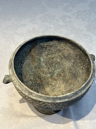 A Chinese archaic bronze food vessel and cover with 'Leiwen' and bosses design, 'Dou 豆', Eastern Zhou