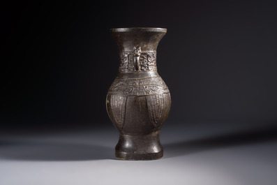 A Chinese archaistic bronze vase, 'Hu 壺', Ming
