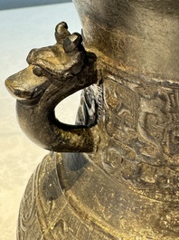A Chinese archaistic bronze vase, 'Hu 壺', Ming