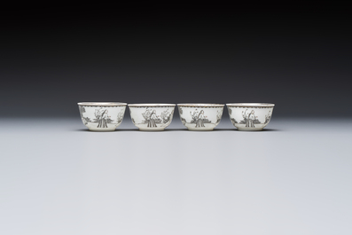Four Chinese grisaille 'Western subject' cups and nine saucers, Qianlong