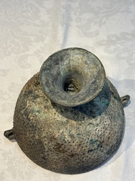 A Chinese archaic bronze food vessel and cover with 'Leiwen' and bosses design, 'Dou 豆', Eastern Zhou