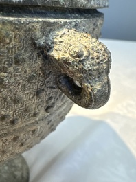 A Chinese archaic bronze food vessel and cover with 'Leiwen' and bosses design, 'Dou 豆', Eastern Zhou