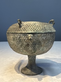 A Chinese archaic bronze food vessel and cover with 'Leiwen' and bosses design, 'Dou 豆', Eastern Zhou