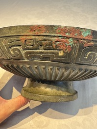 A large Chinese inscribed archaic bronze cover of a 'Gui 簋' vessel, Western Zhou