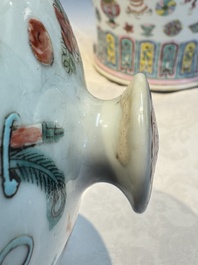 A pair of Chinese famille rose 'Antiquities' covered vases and a dish, 19th C.