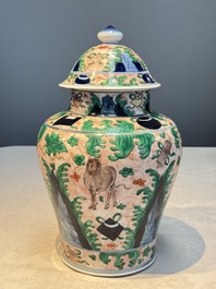 A French wucai-style 'Flying Horses' vase and cover, Samson, Paris, 19th C.