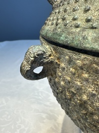A Chinese archaic bronze food vessel and cover with 'Leiwen' and bosses design, 'Dou 豆', Eastern Zhou