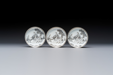 Four Chinese grisaille 'Western subject' cups and nine saucers, Qianlong