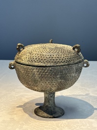 A Chinese archaic bronze food vessel and cover with 'Leiwen' and bosses design, 'Dou 豆', Eastern Zhou