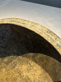 A Chinese archaic bronze food vessel and cover with 'Leiwen' and bosses design, 'Dou 豆', Eastern Zhou