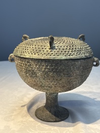 A Chinese archaic bronze food vessel and cover with 'Leiwen' and bosses design, 'Dou 豆', Eastern Zhou