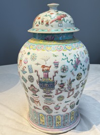 A pair of Chinese famille rose 'Antiquities' covered vases and a dish, 19th C.
