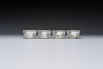 Four Chinese grisaille 'Western subject' cups and nine saucers, Qianlong