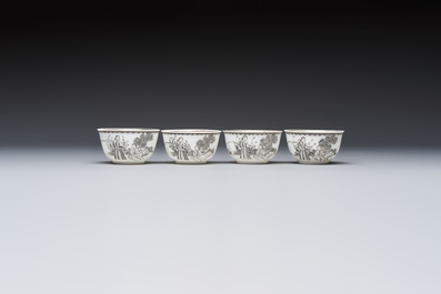 Four Chinese grisaille 'Western subject' cups and nine saucers, Qianlong