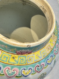 A pair of Chinese famille rose 'Antiquities' covered vases and a dish, 19th C.